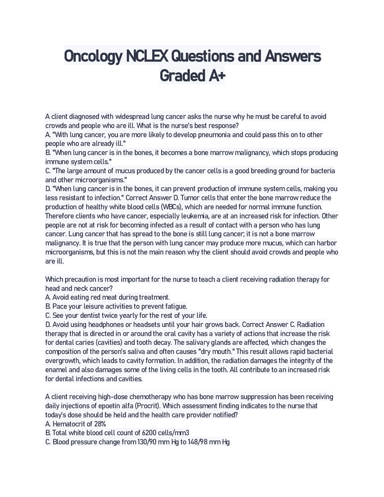 Preview image for Oncology NCLEX Questions and Answers Graded A+